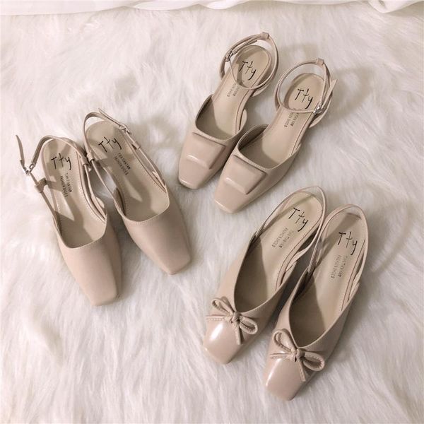 

solid bow-tie v-open sandals women closed toe thick med high heels mules sandale concise square buckle gladiator sandalias mujer, Black