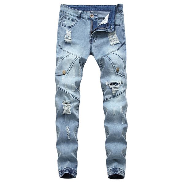 

2020 famous men jeans hole zipper men jeans casual men pants light blue casual hip hop trousers size 29-38