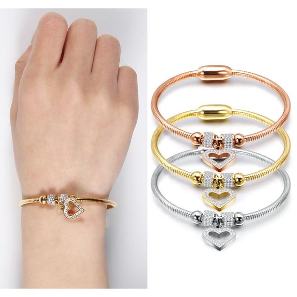 

new fashion heart crystal charm bracelet bangles for women magnet clasp with snake chain stainless steel wedding jewelry, Black