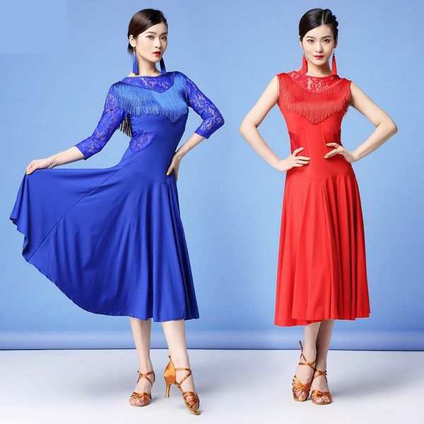 

new fashion girl 2020 plus size women moder dance wear salsa samba dresses half sleeves floral lace girls latin dance dress, Black;red