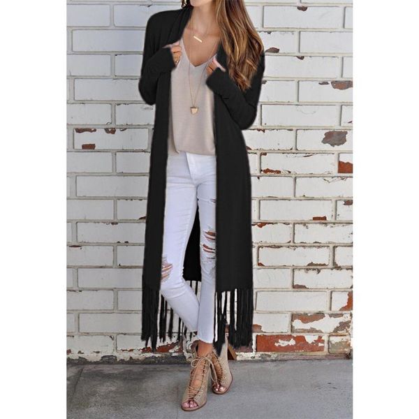 

cotton blend daily calf length women coat long sleeve open front casual with tassel street fashion autumn loose outwear solid, Black;brown