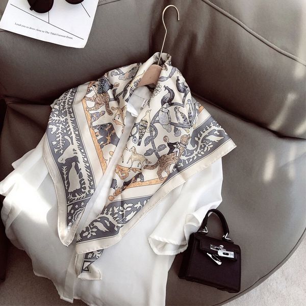 

scarves phle retro matching shirt 90cm square scarf silk belt headband small women head headwraps for, Blue;gray