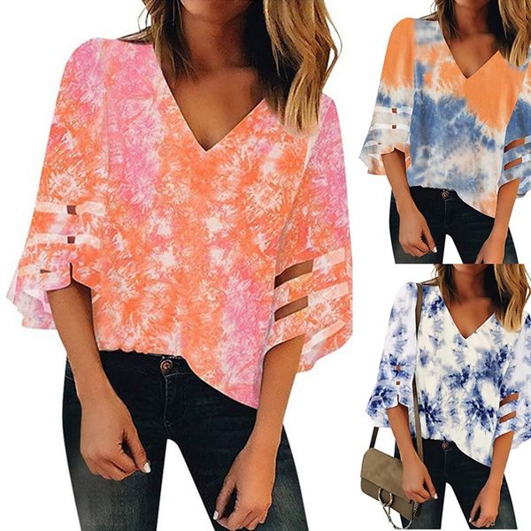

summer women blouse tie dye print tee shirt 3/4 bell sleeve loose ladies, White