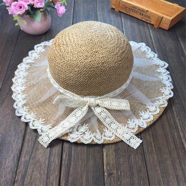 

2020 new arrival parent-child lace summer straw hat big wide bream sun hat panama cap beach chapeu, Blue;gray