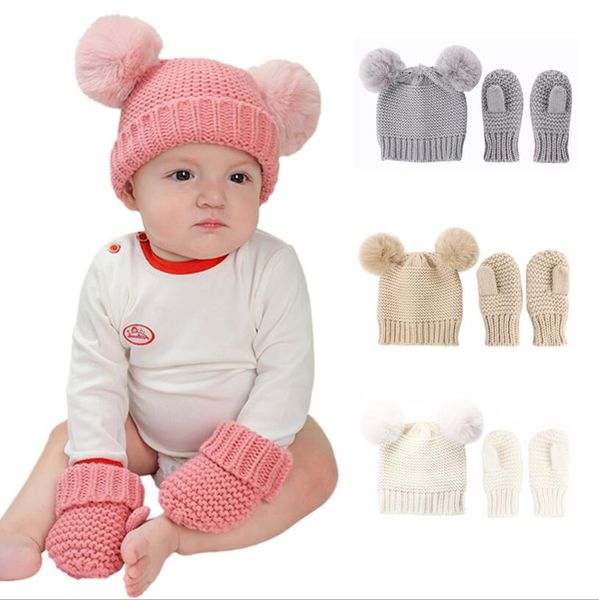 Neue Unisex Kinder Mädchen Jungen Baby, Kleinkind Winter Warme Einfarbig Häkeln Stricken Hut Beanie Cap + Fäustlinge Set Baby handschuhe Kits