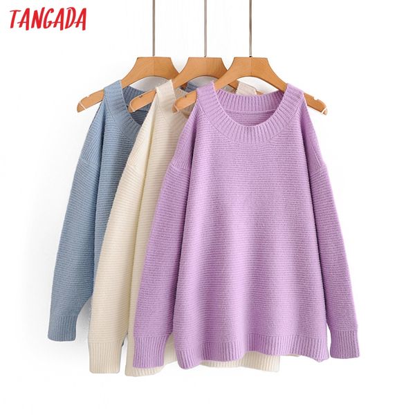 

tangada women 2020 fashion cold shoulder knitted sweater oversize vintage long sleeve female pullovers chic 3a71, White;black