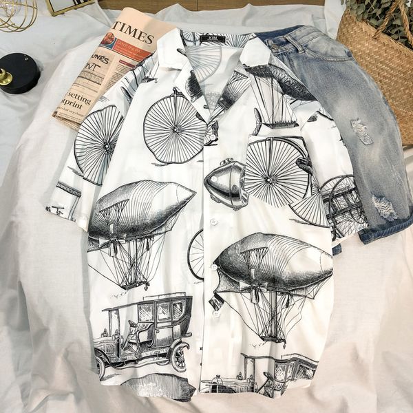 

men's casual shirts summer hawaiian shirt men fashion printed man streetwear trend wild hip hop loose short-sleeved male, White;black