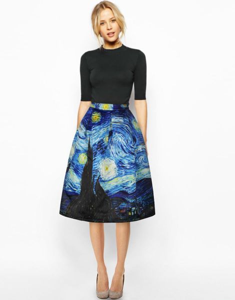 

septhydrogen brand designer new faldas vintage 2020 van gogh print ladies skirts high waist womens skirts christmas skirt, Black