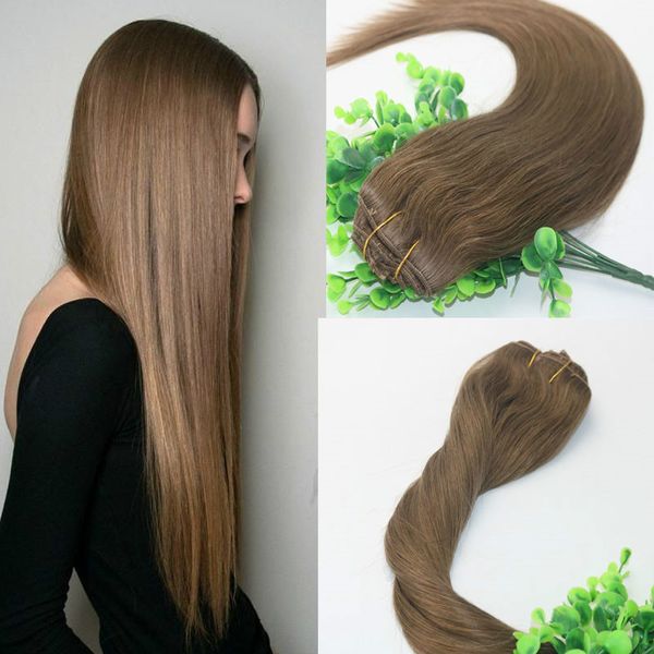 

clips human hair extension 8# light brown straight brazilian human hair 7pcs 120gram 12inch 20inch 26inch, Black