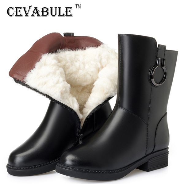 

boots cevablue winter wool short women's leather cotton thick heel full tube ankle zlt-dz-3376, Black