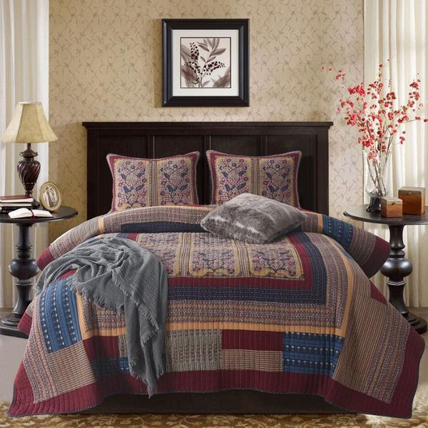 

chausub vintage cotton bedspread quilt set 3pc handmade patchwork quilted quilts bed cover pillowcase king size coverlet blanket