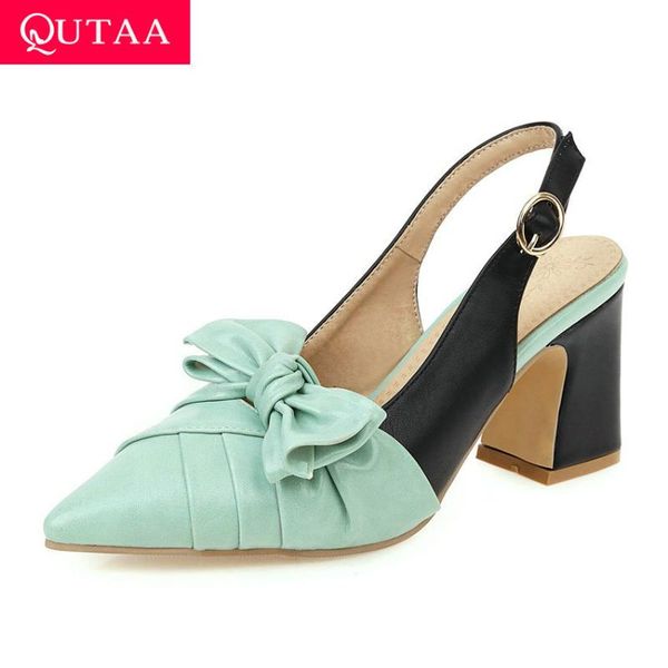 

qutaa 2020 bow-knot pointed toe buckle sandals square heel slingback summer women shoes pu back strap ladies pumps size 34-43, Black