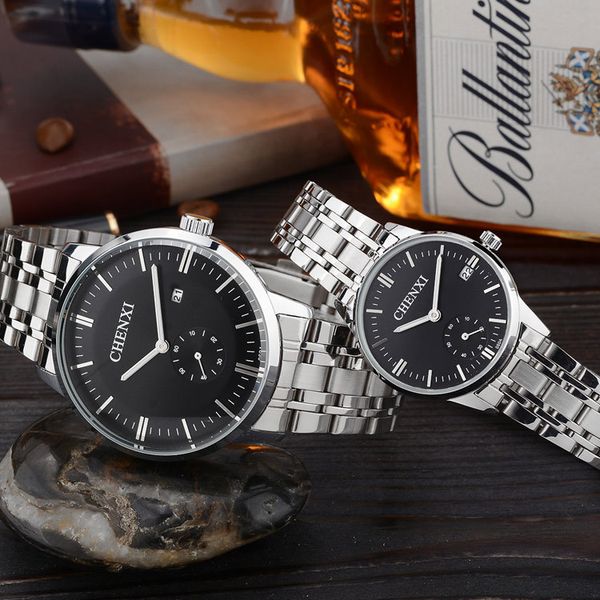 

chenxi fashion men's women business quartz watches casual stainless steel band wristwatch man dress watch for male female gift, Slivery;brown