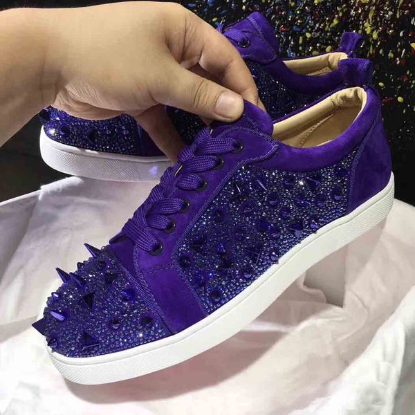 

purple blue strass & pik pik spikes red bottom sneakers luxury rhinestone red soles low shoes mens walking flats party wedding flats, Black