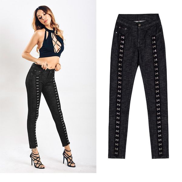 

sequined jeans black striped high waisted skinny stretch denim pants push up slim femme sale items 2020 autumn ng, Blue