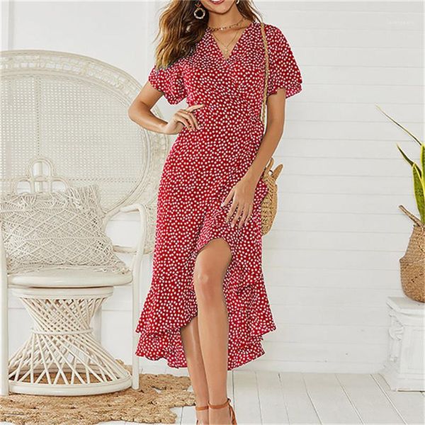 

designer polka dot dresses fashion contrast color v neck ruffles clothing womens short sleeve casual dress womens, Black;gray