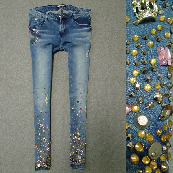 

2020 autumn heavy work fashion diamond jean women color diamond rivet elastic skinny pencil jeans, Blue