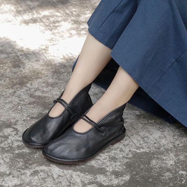 

gktinoo flats women shoes 2020 new autumn retro buckle strap round toe genuine leather sewing handmade casual ladies shoes, Black