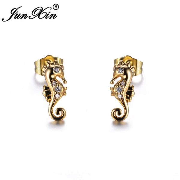 

junxin cute animal hippocampus stud earrings for women white gold filled rose gold filled crystal cz wedding seahorse earrings, Golden;silver