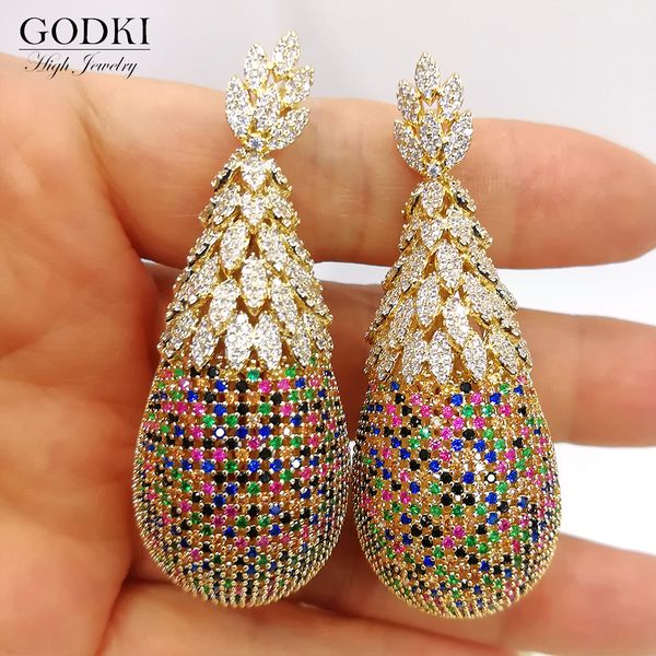 

godki luxury pineapple drop earrings for women wedding cubic zirconia dubai bridal earrings costume jewelry 2020 summer party, Golden;silver