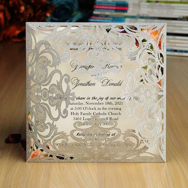 

greeting cards 100pcs glitter wedding invitation with envelope royal blue silver gold laser cut hollow flower customized bridal shower invit