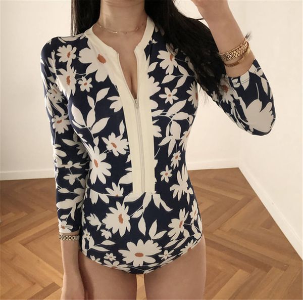 

молния rash guard женщины с длинным рукавом one piece купальники цветочные печати купальники солнцезащитная серфинг костюм pad дайвинг одежд, Black;white