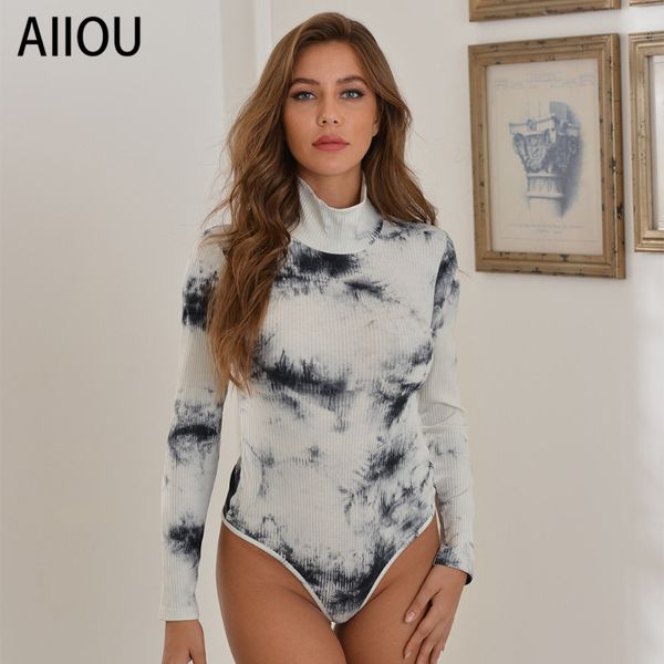 

women's jumpsuits & rompers aiiou streetwear women tie-dye print long sleeve body suit casual slim bodycon jumpsuit fashion bodysuits, Black;white
