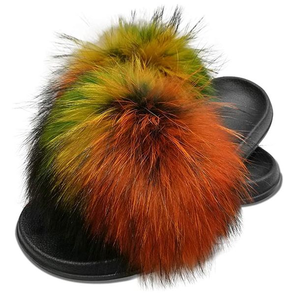 

new women real fox fur slides open toe cute fur slippers indoor or outdoor comfortable sandals with fluffy fur and soft sole, Black