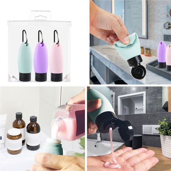 

3pcs portable silicone refillable container squeezable reusable hand sanitizer empty travel bottle with keychain carrier, Silver