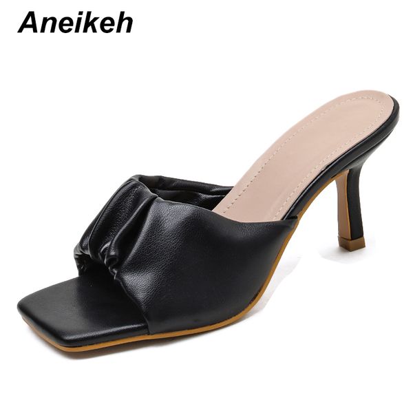 

aneikeh 2020 summer women sandal shallow square head slippers thin high heel slides fashion pleated outdoor slip on slipper mule, Black