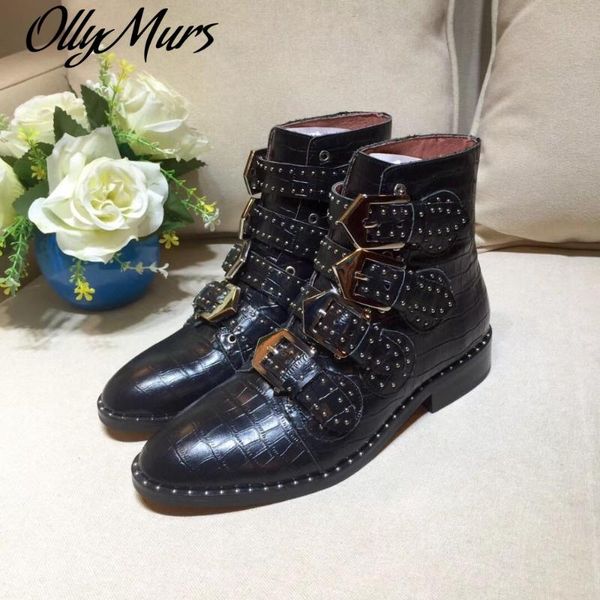 

susanna studded rivets boots women real leather ankle boots round toe buckles women luxury velvet zapatos mujer, Black