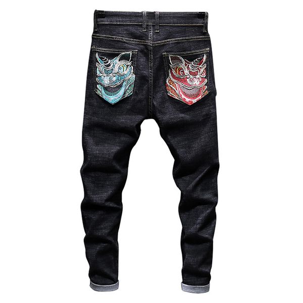 

men's jeans sokotoo lion embroidery black fahion slim fit stretch denim pants trousers, Blue