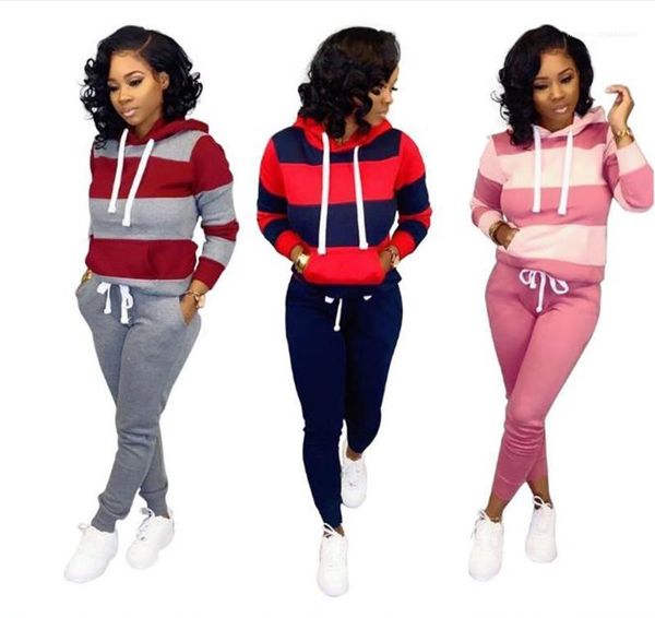 

pants womens slim 2 piece set patchwork womens hooded tracksuits casual striped long sleeve pullover two piece, White