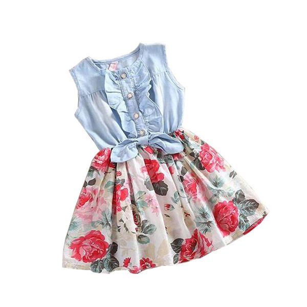

girl's dresses baby girls dress kids princess bowknot flower fashion clothes summer children sleeveless christmas denim floral, Red;yellow