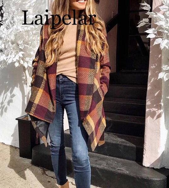 

laipelar women wool coat autumn winter new adjustable waist turn-down collar long plaid long sleeve casual fashion women coat, Black