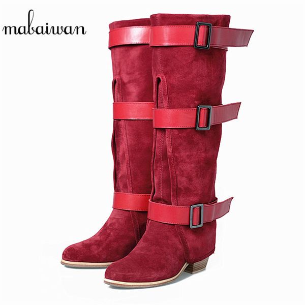 

mabaiwan fashion women knee high boots red cow suede slip on buckle shoes woman's comfortable warm thick high heel winter boots, Black