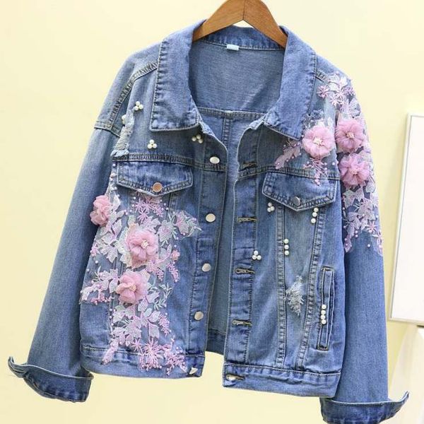 

girl student hip-hop punk spring autumn new arrival embroidered three-dimensional flower hole short loose denim jacket top, Black;brown