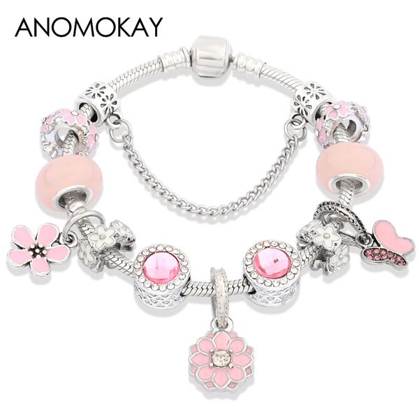 

charm bracelets design spring autumn pink flower crystal bracelet romantic enamel butterfly plant bead & bangle diy gift, Golden;silver