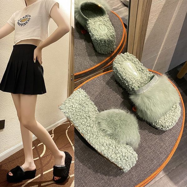 

women wedge slippers platform flip flops soft comfortable 2020 short plush soft fur casual shoes outdoor ladies slippers, Black