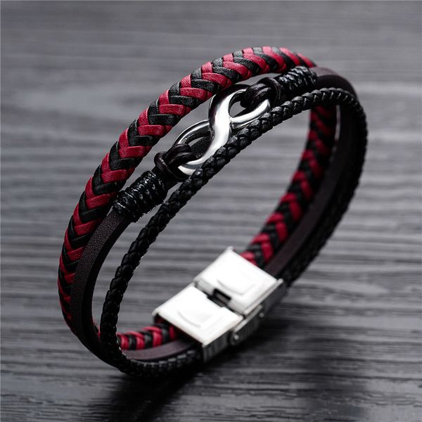 

modyle red and black braided genuine leather bracelet stainless steel infinity charm for men