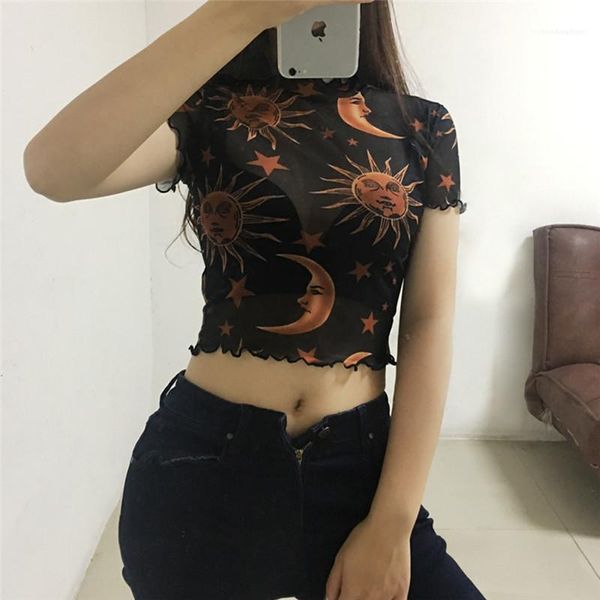 

sleeve crew neck hollow out moon stars printed fashion females clothing summer womens designer tshirts short, White