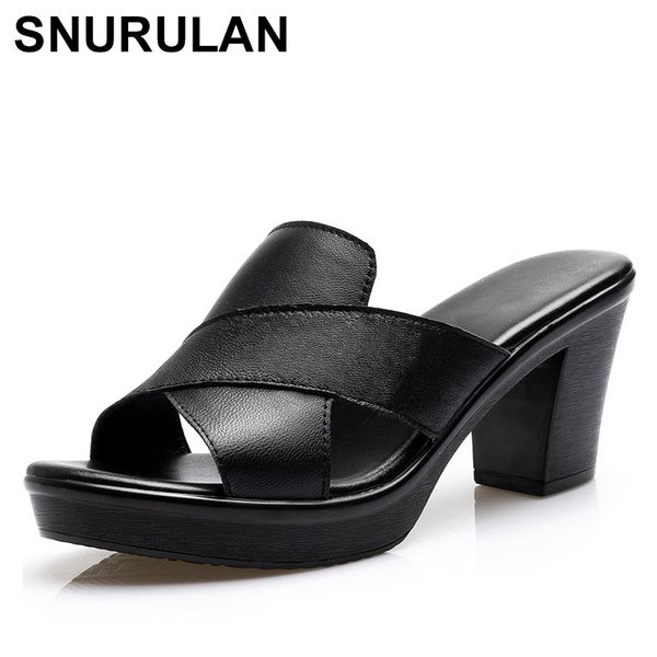 

snurulan women real leather slippers high heel women shoes summer ladies comfortable non-slip slippers big size, Black