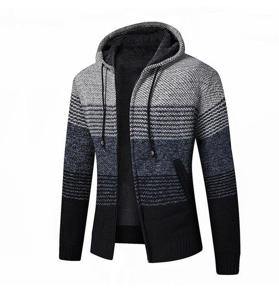 

jackets plush thick coats with zipper and pocket hooded collar long sleeved slim clothing mens cardigan striped, Black;brown