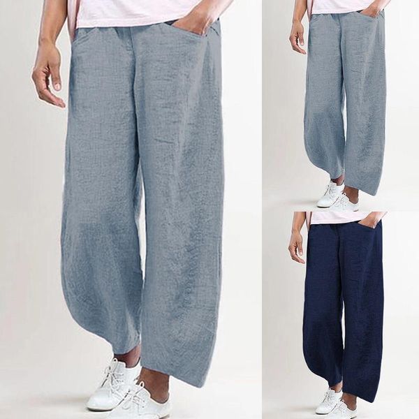 

loose wide leg vinatge trousers women autumn pants linen plus size pants casual long solid color astic waist pantalones ladies, Black;blue