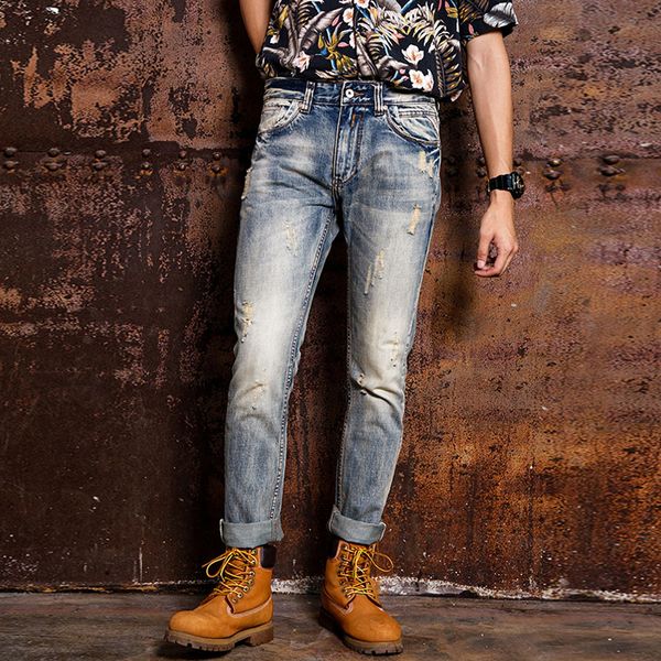 

men's jeans fashion streetwear men retro washed slim fit destroyed ripped vintage designer denim pants hip hop homme, Blue