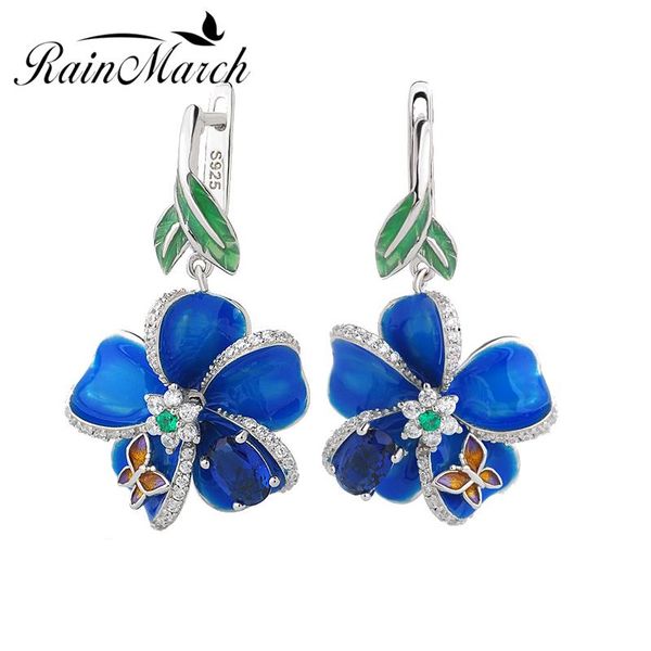 

rainmarch blue enamel flower silver earrings for women engagement 925 sterling silver earring handmade wedding party jewelry, Golden;silver