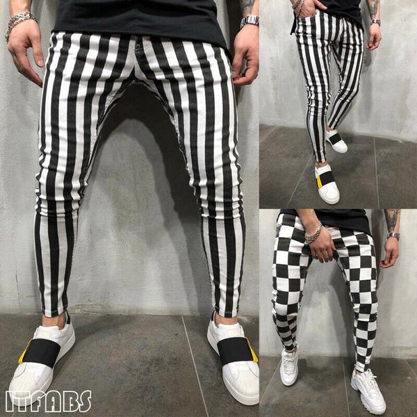 

au stock men's summer fashion slim striped plaid black white casual pants