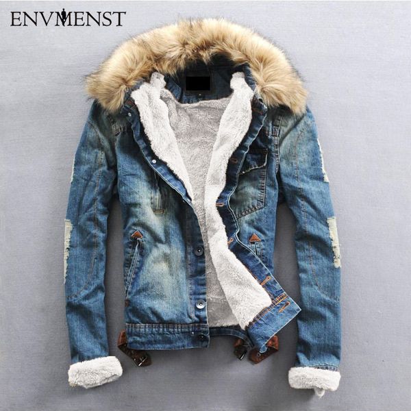 

2020 winter ripped denim jacket men clothing jean coat men casual jacket outwear with fur collar wool thick clothes plus size, Black;brown