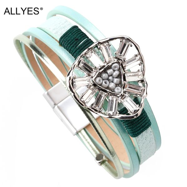 

allyes triangle charm leather bracelet female trendy pulseira feminina crystal multilayer wide bracelets for women jewelry, Red;blue