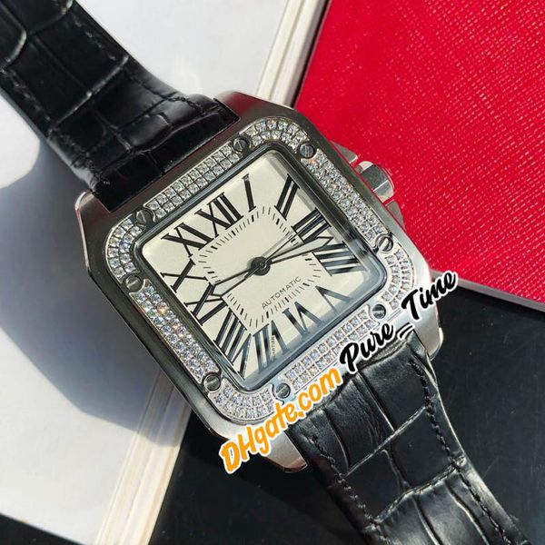 Ucuz Yeni 100 40mm Çelik Kasa Beyaz Dial Miyota 8215 Otomatik Erkek İzle Elmas Bezel Siyah Deri Kayış Safir Saatler Pure_Time